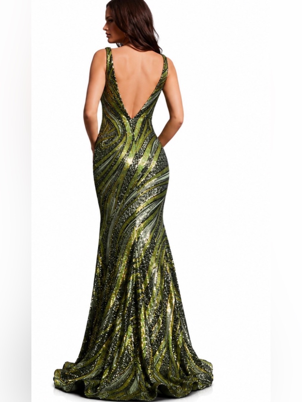 NWT Very Rare Jovani Olive/Lime Green Sequin Deep V-Neck Mermaid Gown Size 14 - Picture 2 of 11